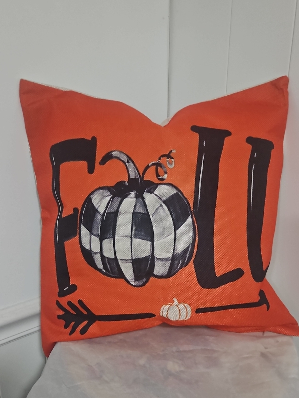 Orange Fall Decorative Throw Pillow with Black & White Pumpkin